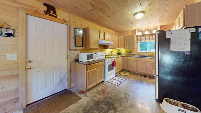 168 W Tucker Ridge Rd, Springfield, ME 04487 - kitchen with white appliances, finished concrete floors, a sink, wooden ceiling, and under cabinet range hood