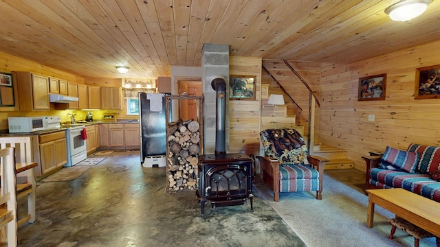 168 W Tucker Ridge Rd, Springfield, ME 04487 - living room featuring a wood stove, wood walls, wooden ceiling, and concrete floors