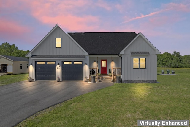25 Royale Dr, Sidney, ME 04330 - modern farmhouse with asphalt driveway, roof with shingles, a lawn, and a garage