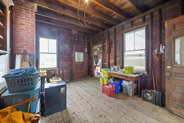 110 Depot St, Unity, ME 04988 - miscellaneous room featuring wood ceiling with exposed beams, healthy amount of natural light, hardwood / wood-style flooring, and wood walls