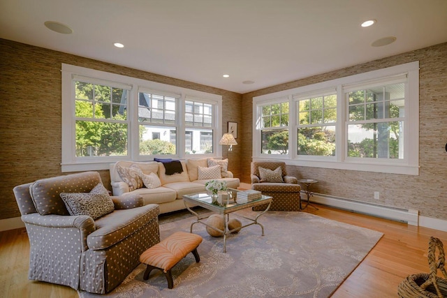 19 Vista Way, Mount Desert, ME 04660 - living room featuring a baseboard radiator, wallpapered walls, plenty of natural light, wood finished floors, and recessed lighting