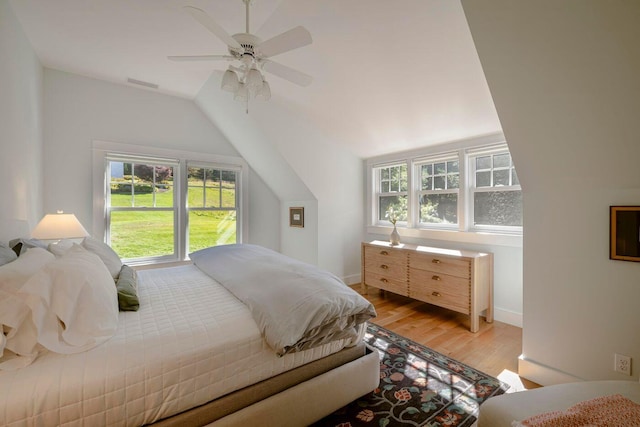 19 Vista Way, Mount Desert, ME 04660 - bedroom featuring lofted ceiling, wood finished floors, and ceiling fan