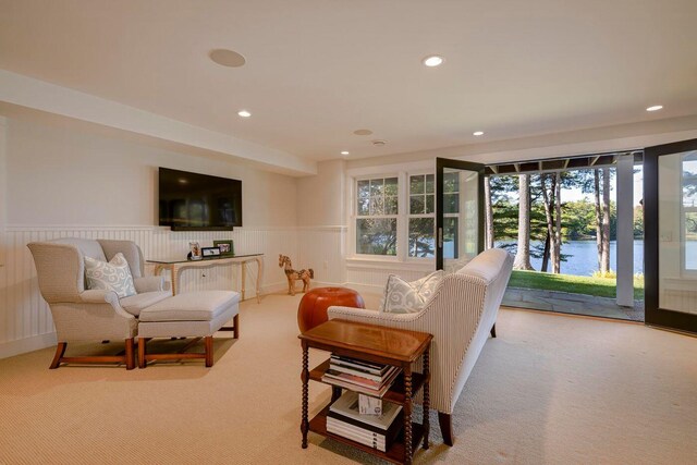 19 Vista Way, Mount Desert, ME 04660 - carpeted living room featuring a wainscoted wall, recessed lighting, and plenty of natural light