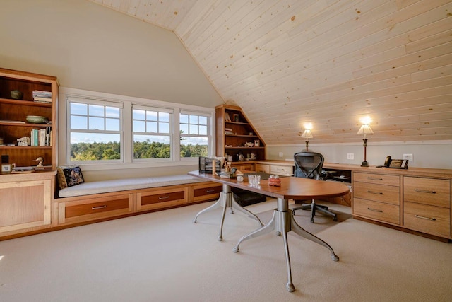19 Vista Way, Mount Desert, ME 04660 - home office with vaulted ceiling, wooden ceiling, light colored carpet, and built in features