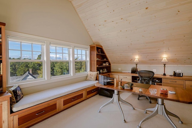 19 Vista Way, Mount Desert, ME 04660 - office with lofted ceiling, wood ceiling, and light colored carpet