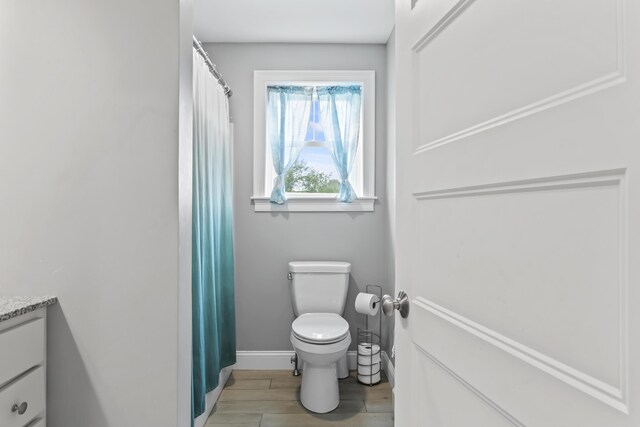 54 Tree Farm Rd, Brunswick, ME 04011 - bathroom with toilet, vanity, wood finished floors, baseboards, and a shower with curtain