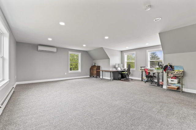 54 Tree Farm Rd, Brunswick, ME 04011 - carpeted office space featuring a wall unit AC, a baseboard radiator, recessed lighting, baseboards, and plenty of natural light