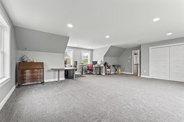 54 Tree Farm Rd, Brunswick, ME 04011 - carpeted office with recessed lighting, baseboards, and lofted ceiling
