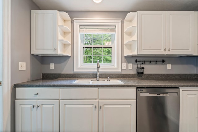38 Shadagee Rd, Saco, ME 04072 - kitchen with stainless steel dishwasher, open shelves, a sink, dark countertops, and white cabinets