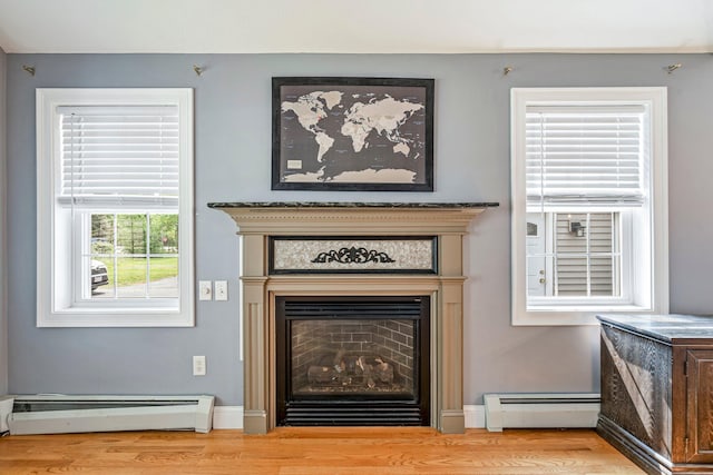 38 Shadagee Rd, Saco, ME 04072 - detailed view of a baseboard radiator, wood finished floors, and a fireplace