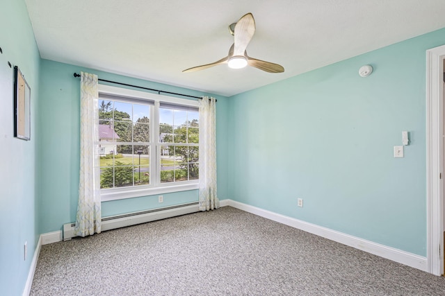 38 Shadagee Rd, Saco, ME 04072 - carpeted spare room with baseboards, ceiling fan, a baseboard heating unit, and a smoke detector