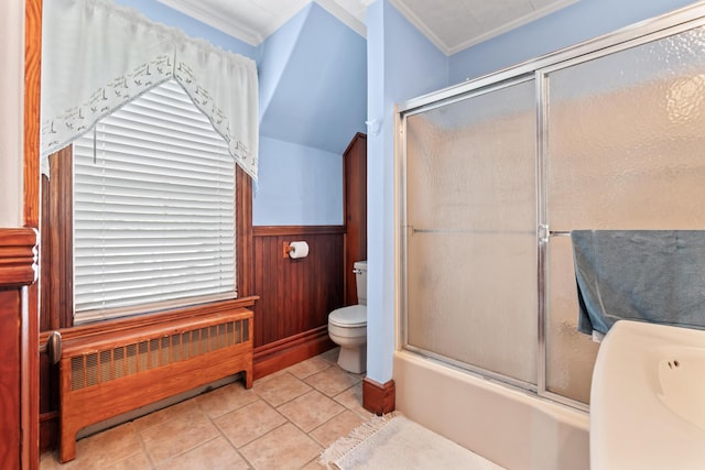 10 Hollingsworth St, Winslow, ME 04901 - full bath featuring radiator, crown molding, toilet, a wainscoted wall, and tile patterned flooring