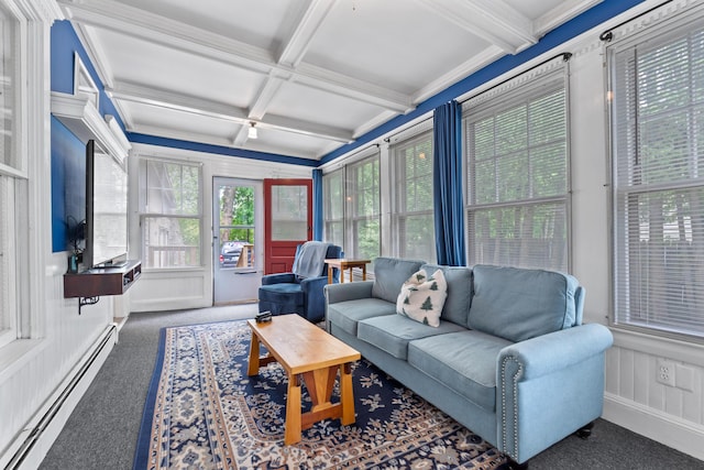 10 Hollingsworth St, Winslow, ME 04901 - sunroom with baseboard heating, carpet, coffered ceiling, and beam ceiling