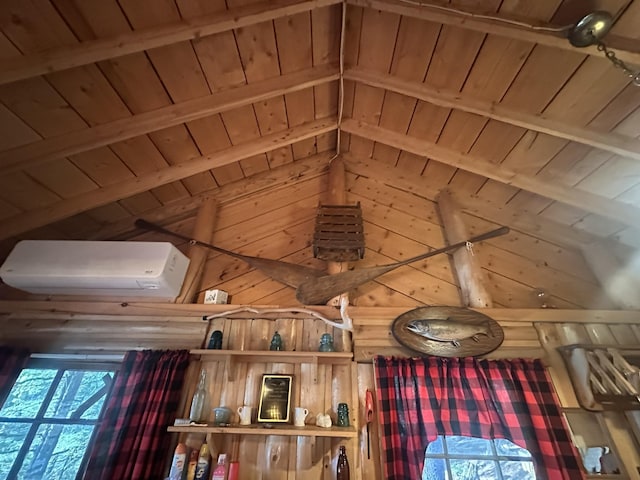 30 Cove View Ln Unit T3, Indian Purchase Twp, ME 04462 - detailed view of wooden ceiling with exposed beams, wood walls, and an AC wall unit