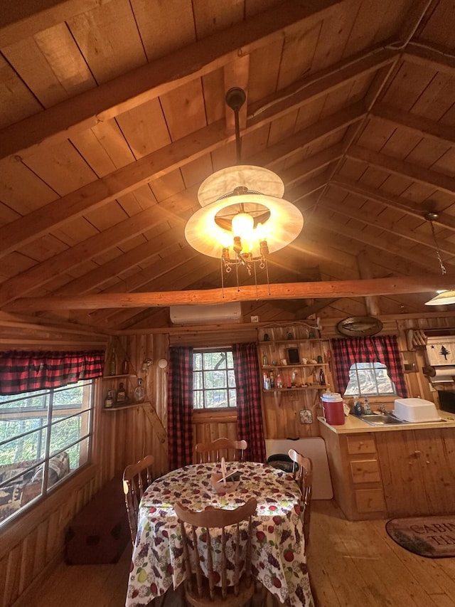 30 Cove View Ln Unit T3, Indian Purchase Twp, ME 04462 - dining space with wooden ceiling, light wood-type flooring, and wooden walls