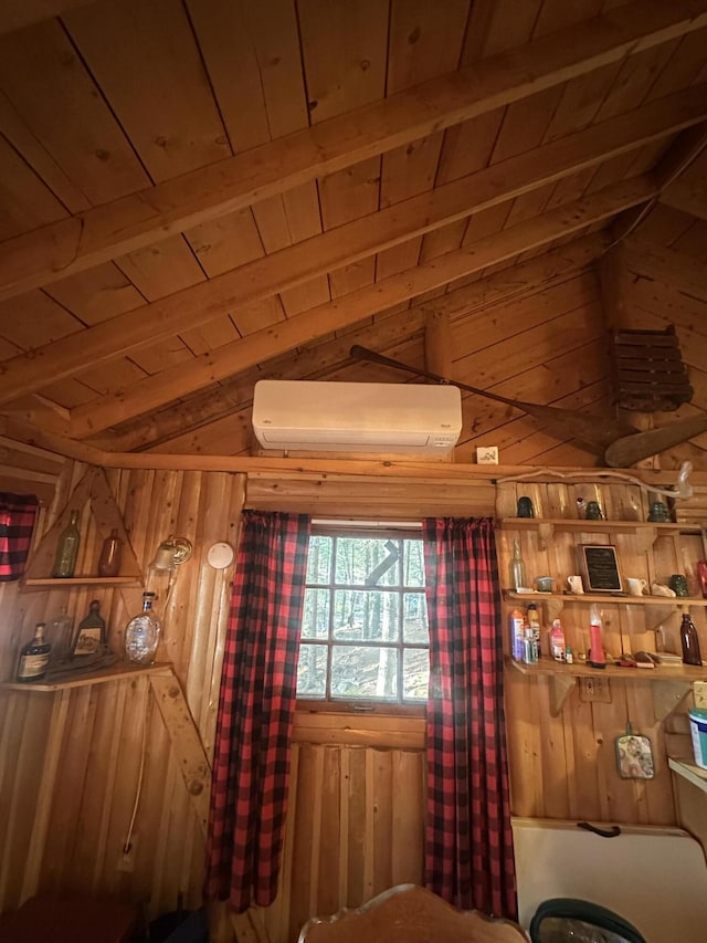 30 Cove View Ln Unit T3, Indian Purchase Twp, ME 04462 - interior space featuring a wall unit AC, wooden walls, and wooden ceiling