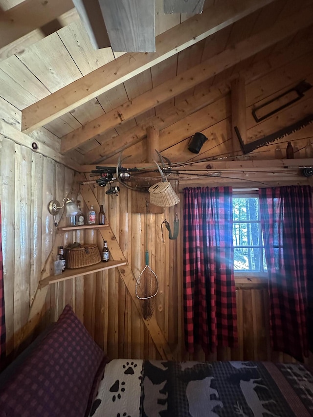 30 Cove View Ln Unit T3, Indian Purchase Twp, ME 04462 - bedroom featuring wood walls and wooden ceiling with exposed beams