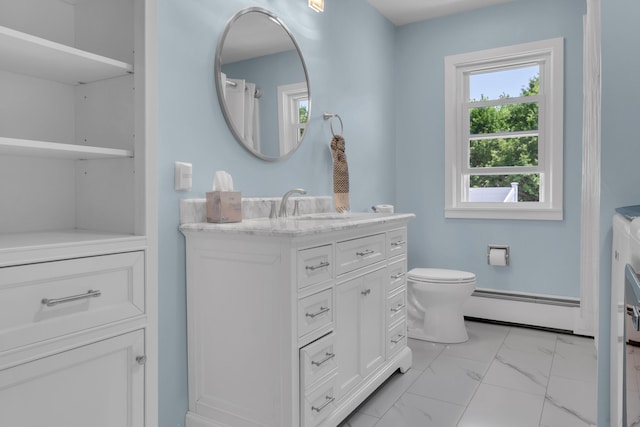 6 Goff Ave, Lewiston, ME 04240 - full bath with baseboard heating, marble finish floors, vanity, and toilet