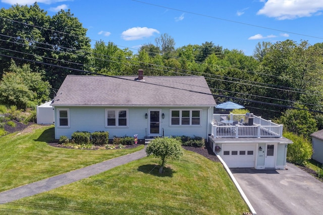 6 Goff Ave, Lewiston, ME 04240 - ranch-style house with driveway, a garage, a front yard, and a wooden deck