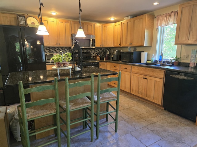 40 Justin Ln, Hermon, ME 04401 - kitchen featuring black appliances, backsplash, a kitchen breakfast bar, hanging light fixtures, and recessed lighting
