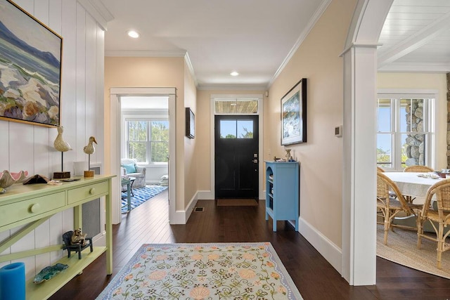 7 First St, Biddeford, ME 04006 - foyer featuring dark wood-style floors, baseboards, ornamental molding, and recessed lighting