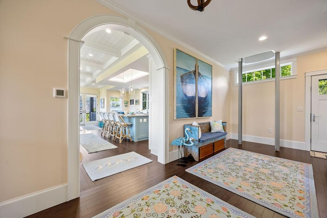 7 First St, Biddeford, ME 04006 - entrance foyer with hardwood / wood-style flooring, beamed ceiling, ornamental molding, recessed lighting, and baseboards