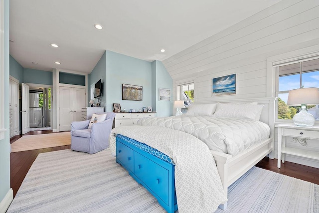 7 First St, Biddeford, ME 04006 - bedroom featuring wood finished floors, recessed lighting, lofted ceiling, and a closet