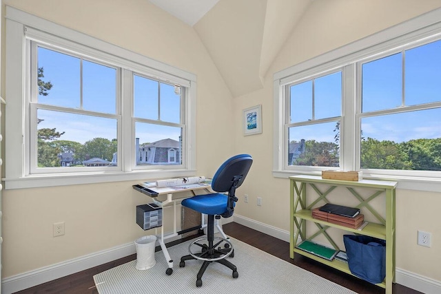 7 First St, Biddeford, ME 04006 - home office featuring dark wood finished floors, plenty of natural light, baseboards, and lofted ceiling