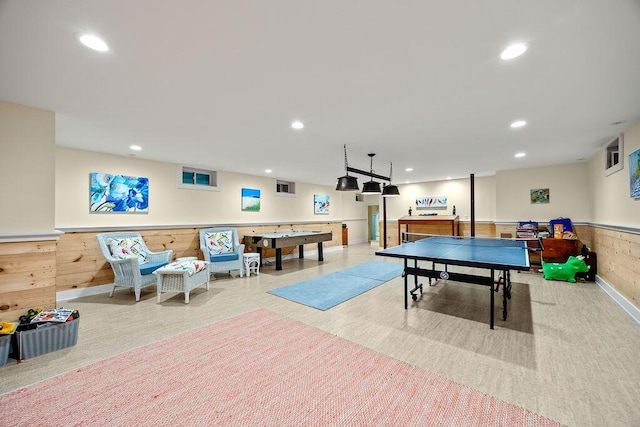 7 First St, Biddeford, ME 04006 - playroom featuring recessed lighting, a wainscoted wall, wooden walls, and carpet flooring