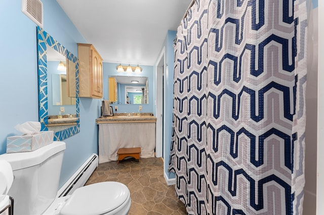 54 Middle Rd, Augusta, ME 04330 - full bath featuring toilet, a baseboard radiator, curtained shower, and a sink