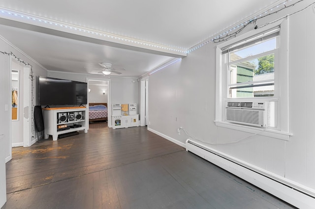 54 Middle Rd, Augusta, ME 04330 - living room featuring baseboard heating, dark wood-style flooring, baseboards, ornamental molding, and ceiling fan