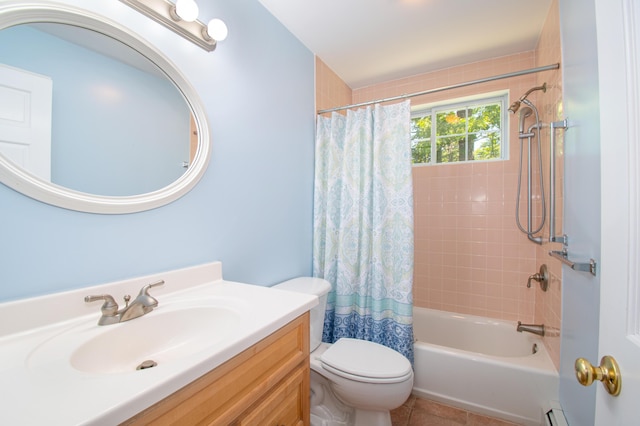 12 Hixon Hill Dr, Woolwich, ME 04579 - bathroom with vanity, shower / bathtub combination with curtain, and tile patterned floors
