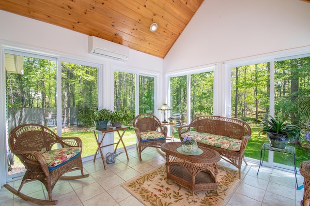 12 Hixon Hill Dr, Woolwich, ME 04579 - sunroom with a wall unit AC, tile patterned flooring, wood ceiling, and high vaulted ceiling
