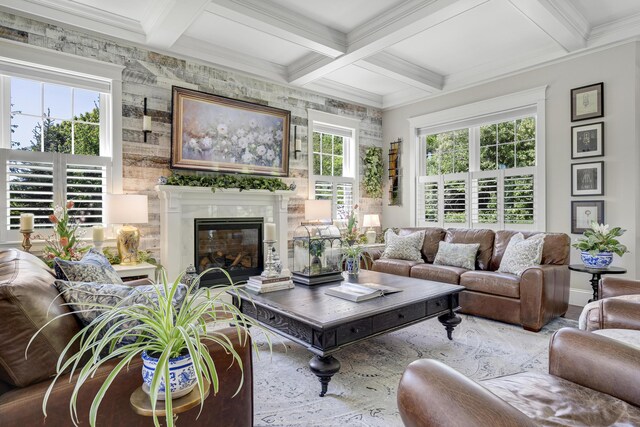 18 Forecaster Way, Scarborough, ME 04074 - living room with coffered ceiling, a premium fireplace, beam ceiling, crown molding, and baseboards