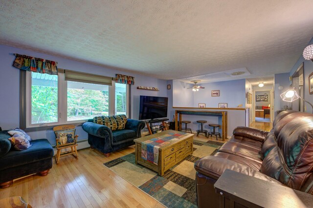 40 Sanborn St, Gorham, ME 04038 - living area with light wood finished floors, a textured ceiling, and a ceiling fan