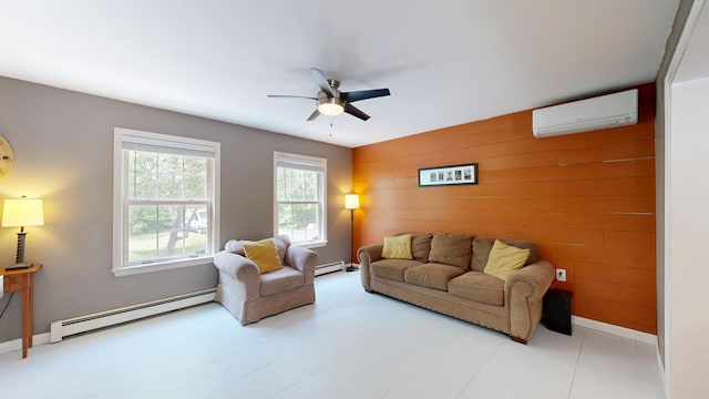 471 Owls Nest Rd, Shapleigh, ME 04076 - living room with a wall mounted air conditioner, baseboard heating, a baseboard heating unit, wood walls, and an accent wall