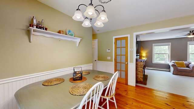 471 Owls Nest Rd, Shapleigh, ME 04076 - dining area with a chandelier, wainscoting, hardwood / wood-style floors, baseboard heating, and ceiling fan