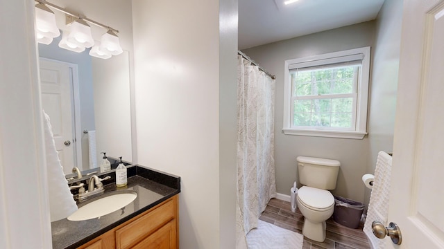 471 Owls Nest Rd, Shapleigh, ME 04076 - bathroom with wood finish floors, vanity, toilet, and curtained shower