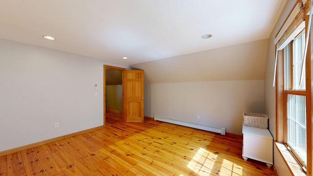 471 Owls Nest Rd, Shapleigh, ME 04076 - additional living space featuring baseboard heating, lofted ceiling, light wood-style floors, plenty of natural light, and recessed lighting