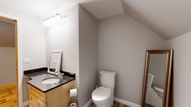 471 Owls Nest Rd, Shapleigh, ME 04076 - half bath with toilet, vanity, wood finished floors, and lofted ceiling
