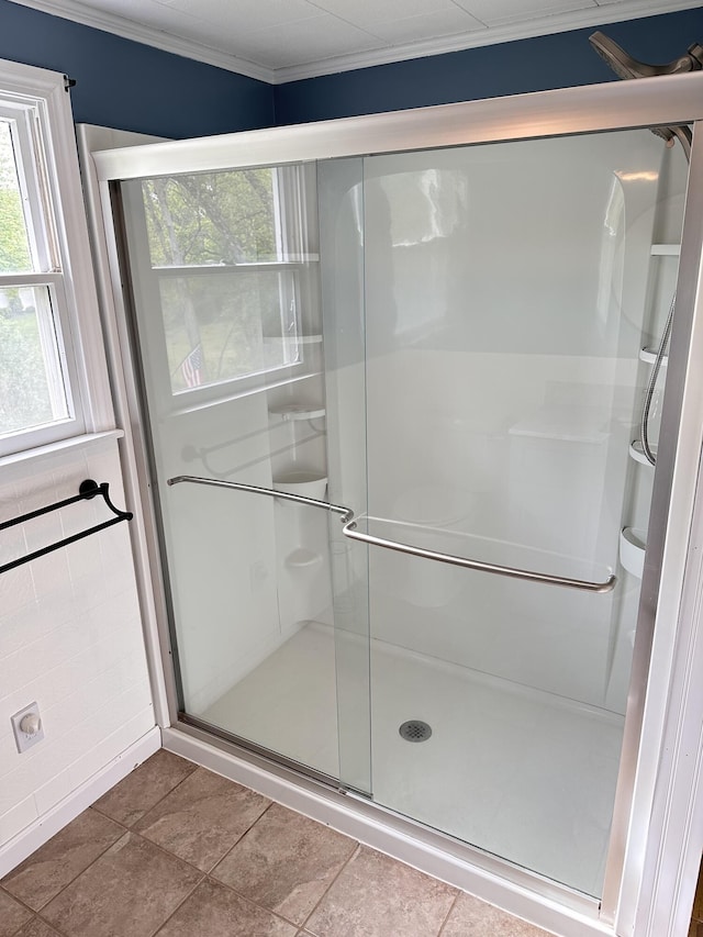 110 Elm St, North Berwick, ME 03906 - bathroom featuring a shower stall and crown molding