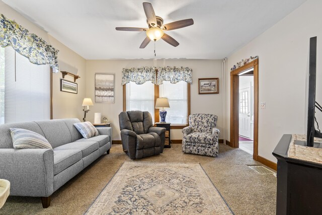 94 Union St, Bath, ME 04530 - living room with a ceiling fan, carpet floors, and baseboards