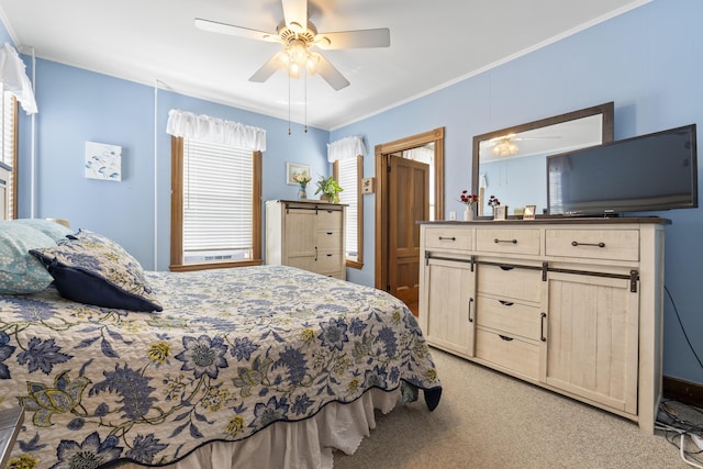 94 Union St, Bath, ME 04530 - bedroom with light carpet, a ceiling fan, and ornamental molding