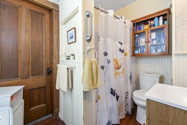 94 Union St, Bath, ME 04530 - full bathroom with toilet, vanity, a shower with curtain, and wood finished floors