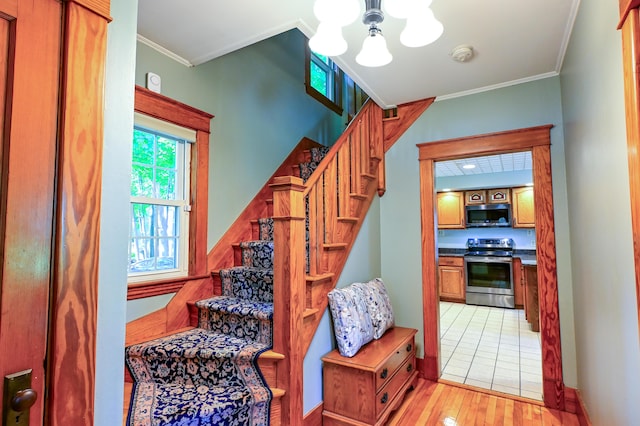 24 Western Ave, Auburn, ME 04210 - stairs featuring a chandelier, hardwood / wood-style floors, crown molding, and baseboards