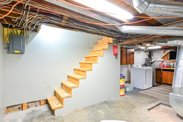 24 Western Ave, Auburn, ME 04210 - unfinished below grade area with independent washer and dryer, electric panel, and stairs