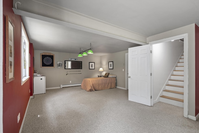27 Russell Ln, Damariscotta, ME 04543 - carpeted living area featuring baseboard heating and stairway