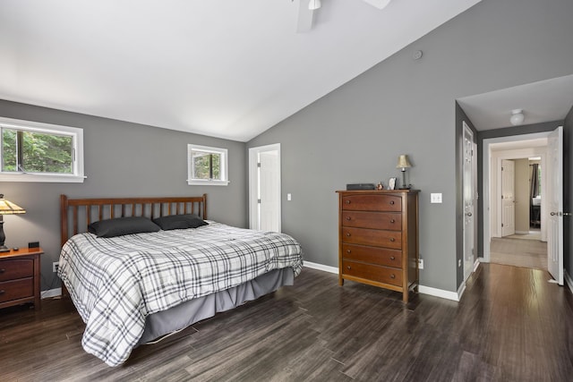 27 Russell Ln, Damariscotta, ME 04543 - bedroom featuring wood finished floors, lofted ceiling, and ceiling fan