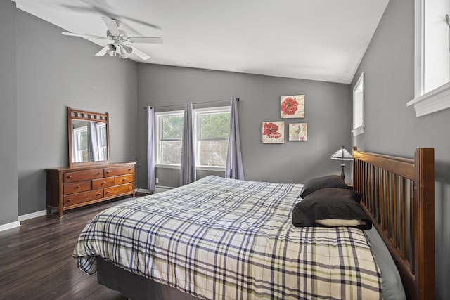 27 Russell Ln, Damariscotta, ME 04543 - bedroom featuring vaulted ceiling, wood finished floors, a ceiling fan, and a baseboard heating unit