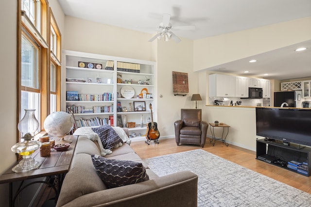 27 Russell Ln, Damariscotta, ME 04543 - living room with light wood-type flooring, a ceiling fan, and recessed lighting